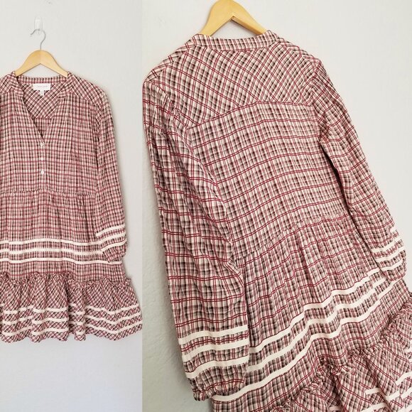 Dear John Plaid Ribbon Trim Tiered Mini Dress S Balloon Sleeves Cottagecore Boho - Picture 11 of 16